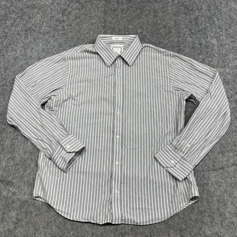 BKE Shirt Mens 2XL Gray White Stripe Slim Fit Button Down Long Sleeve Casual